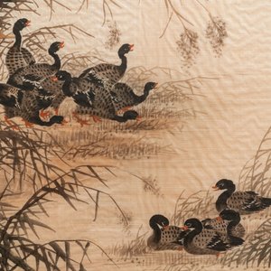 Chinese school, ink and colour on textile, 19/20th C.: 'Birds and ducks near blossoming branches' — 照片 3