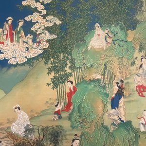 Chinese school, inkt en kleur op doek: 'Bergachtig landschap met godinnen, fabeldieren en jongens', 19/20e eeuw — foto 14