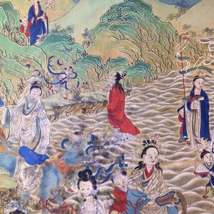 Chinese school, inkt en kleur op doek: 'Bergachtig landschap met godinnen, fabeldieren en jongens', 19/20e eeuw — foto 28