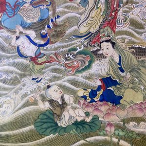 Chinese school, inkt en kleur op doek: 'Bergachtig landschap met godinnen, fabeldieren en jongens', 19/20e eeuw — foto 31