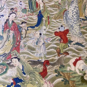 Chinese school, inkt en kleur op doek: 'Bergachtig landschap met godinnen, fabeldieren en jongens', 19/20e eeuw — foto 40