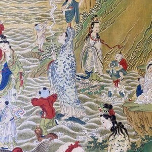 Chinese school, inkt en kleur op doek: 'Bergachtig landschap met godinnen, fabeldieren en jongens', 19/20e eeuw — foto 43