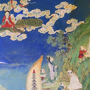 Chinese school, inkt en kleur op doek: 'Bergachtig landschap met godinnen, fabeldieren en jongens', 19/20e eeuw — foto 45