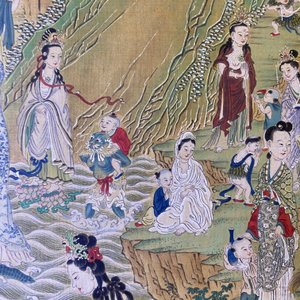 Chinese school, inkt en kleur op doek: 'Bergachtig landschap met godinnen, fabeldieren en jongens', 19/20e eeuw — foto 49