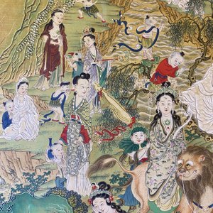 Chinese school, inkt en kleur op doek: 'Bergachtig landschap met godinnen, fabeldieren en jongens', 19/20e eeuw — foto 53