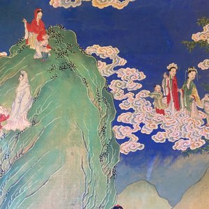 Chinese school, inkt en kleur op doek: 'Bergachtig landschap met godinnen, fabeldieren en jongens', 19/20e eeuw — foto 56