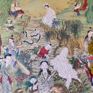 Chinese school, inkt en kleur op doek: 'Bergachtig landschap met godinnen, fabeldieren en jongens', 19/20e eeuw — foto 60