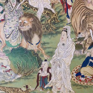 Chinese school, inkt en kleur op doek: 'Bergachtig landschap met godinnen, fabeldieren en jongens', 19/20e eeuw — foto 64