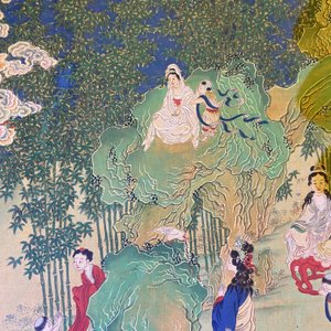 Chinese school, inkt en kleur op doek: 'Bergachtig landschap met godinnen, fabeldieren en jongens', 19/20e eeuw — foto 68