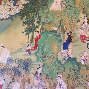 Chinese school, inkt en kleur op doek: 'Bergachtig landschap met godinnen, fabeldieren en jongens', 19/20e eeuw — foto 69