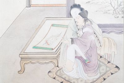Chinese school, inkt en kleur op papier, 19e eeuw: 'Erotische scène'