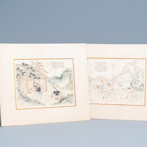 Chinese school, inkt en kleur op papier, 19e eeuw: 'Twee scènes met figuren in een landschap' — foto 1