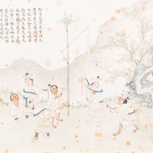 Chinese school, inkt en kleur op papier, 19e eeuw: 'Twee scènes met figuren in een landschap' — foto 2