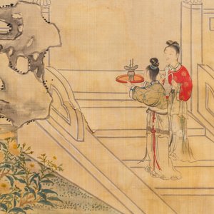 Chinese school, inkt en kleur op zijde, 18/19e eeuw: 'Figuren in een landschap' — foto 4