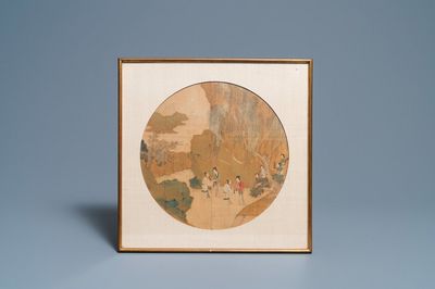 Chinese school, inkt en kleur op zijde: 'Personages in een bergachtig landschap', Qing