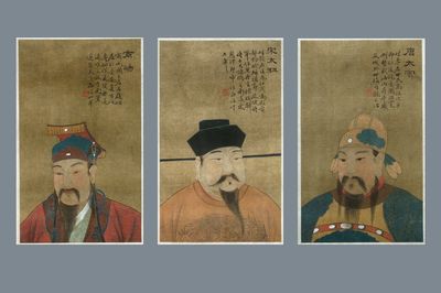 Chinese school, inkt en kleur op zijde, Qing: Drie portretten van historische keizers