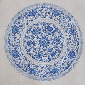 Chinese school, kleur op papier, 19e eeuw: 'Een blauw-witte porseleinen Yuan schotel' — foto 22