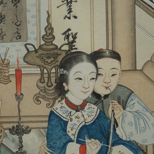 Chinese school: Koppel met opiumpijp, inkt en kleur op papier, 18/19e eeuw — foto 2