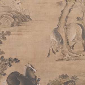 Chinese school: 'Man met twee paarden', inkt en kleur op zijde, 18/19e eeuw — foto 5