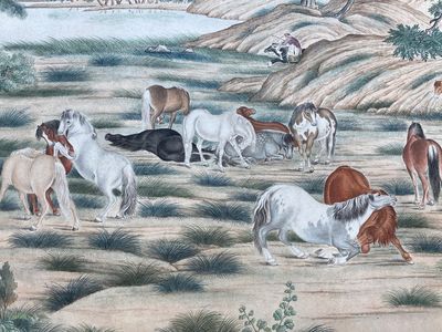 Chinese school, naar Giuseppe Castiglione 郎世寧 (1688-1766): '100 paarden', handscroll, inkt en kleur op papier, 18/19e eeuw — foto 36