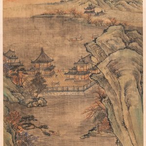 Chinese school, naar Qiu Ying (c.1494-1551/52), inkt en kleur op zijde: 'bergachtig landschap', met inscriptie en gedat. 1545 — foto 1