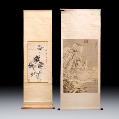 Chinese school: 'Peony' and 'Snowscape', ink and colour on paper and silk, signed Shao Chongwei 卲重威 and Xia Gui 夏珪, 20th C.