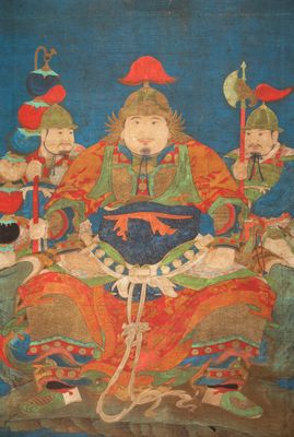 Chinese school: 'Portrait of a general with two servants', ink and colour on silk, Ming or later