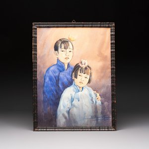 Chinese school: 'Portrait of Two Children', watercolour on paper, signed and dated 1946 — photo 1