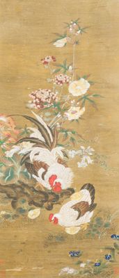Chinese school: 'Rooster and flowers', ink and colour on silk, 19/20th C.