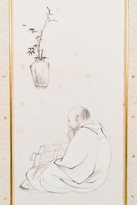 Chinese school, signed Zhang Daqian 張大千 (1898-1983): 'A sage and calligraphy', ink and colour on paper, dated 1957