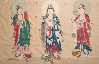 Chinese school: 'Three Buddhist goddesses', ink and colour on silk, 18th C.