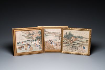 Chinese school: Three rice production scenes, ink and colour on silk, 19th C.