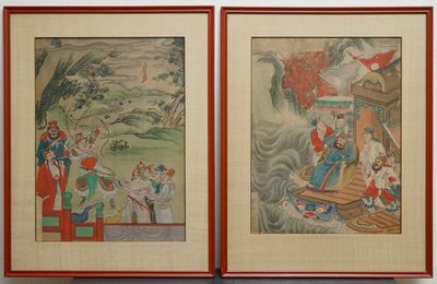 Chinese school: Twee hofscènes, inkt en kleur op zijde, 18/19e eeuw