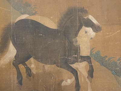 Chinese school: 'Twee ruiters met acht paarden', inkt en kleur op zijde, wellicht Ming — foto 8
