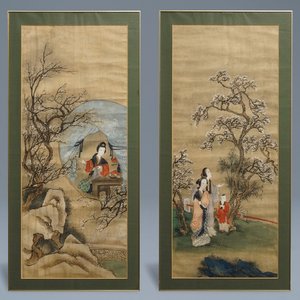Chinese school: Two landscapes with ladies and peonies, ink and colour on silk, 18/19th C. — 照片 1