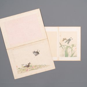 Chinese school: Two parts of an album with four drawings and a calligraphy, Lisheng 笠生 seal mark, 19/20th C. — 照片 1