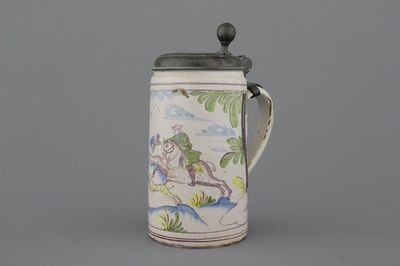 Chope polychrome allemande, monture en étain, 18e