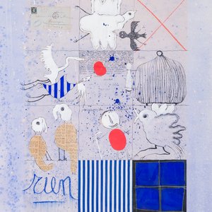 Christian Silvain (1950): 'Rencontres', gemengde techniek en collage op papier, multiple (41/50), gesigneerd en gedateerd 1992 — foto 1