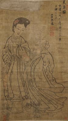 Chu (Zhu) Shang: Mei Shou Tu (Beauté, longévité et peinture), encre et couleur sur papier, datée 1773