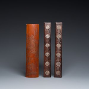 Cinq objets de lettrés en bambou, bois incrusté, os et pierre à savon, Chine, 19/20ème — photo 2