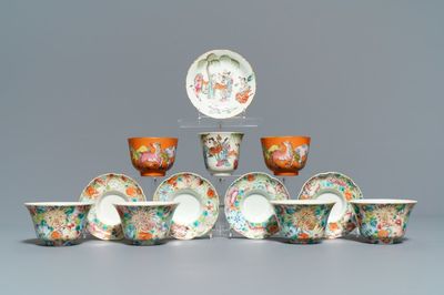 Cinq tasses et leur soucoupes et deux tasses en porcelaine de Chine famille rose, 19/20ème
