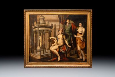 Circle of Jacques-Louis David (1748-1825): 'Amor & Aphrodite at the Shrine of Athena', oil on canvas, dated 1818