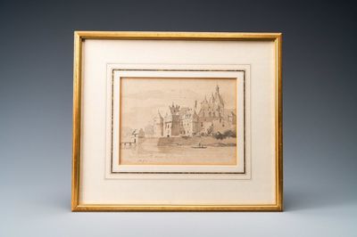 Cornelis Springer (1817 - 1891), crayon et aquarelle en brun sur papier: Vue sur le Château Duurstede