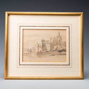 Cornelis Springer (1817 - 1891), potlood en penseel in bruin op papier: Zicht op Kasteel Duurstede — foto 1