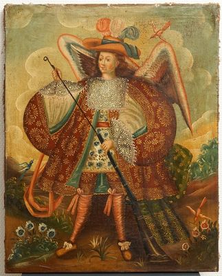 Cuzco School, Peru: Ángel arcabucero, oil on canvas, 18th C.