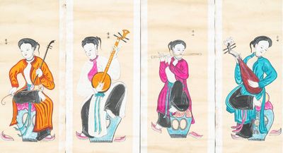 D. Khiêm (Vietnam?), druk opgehoogd met inkt en kleur: 'Vier muzikantes'