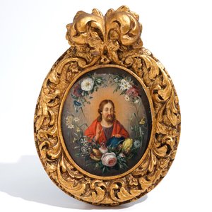 Daniel Seghers (Antwerpen, 1590-1661), toegeschreven, Christus Salvator Mundi in bloemenkrans, olie op paneel — foto 2