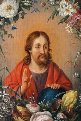 Daniel Seghers (Anvers, 1590-1661), attribué, Le Christ Sauveur dans une guirlande de fleurs, huile sur panneau