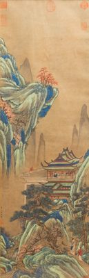 D'après Qiu Ying (1494 - 1552), encre et couleurs sur papier: 'Paysage montagneux', 19/20ème