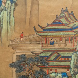 D'après Qiu Ying (1494 - 1552), encre et couleurs sur papier: 'Paysage montagneux', 19/20ème — photo 4